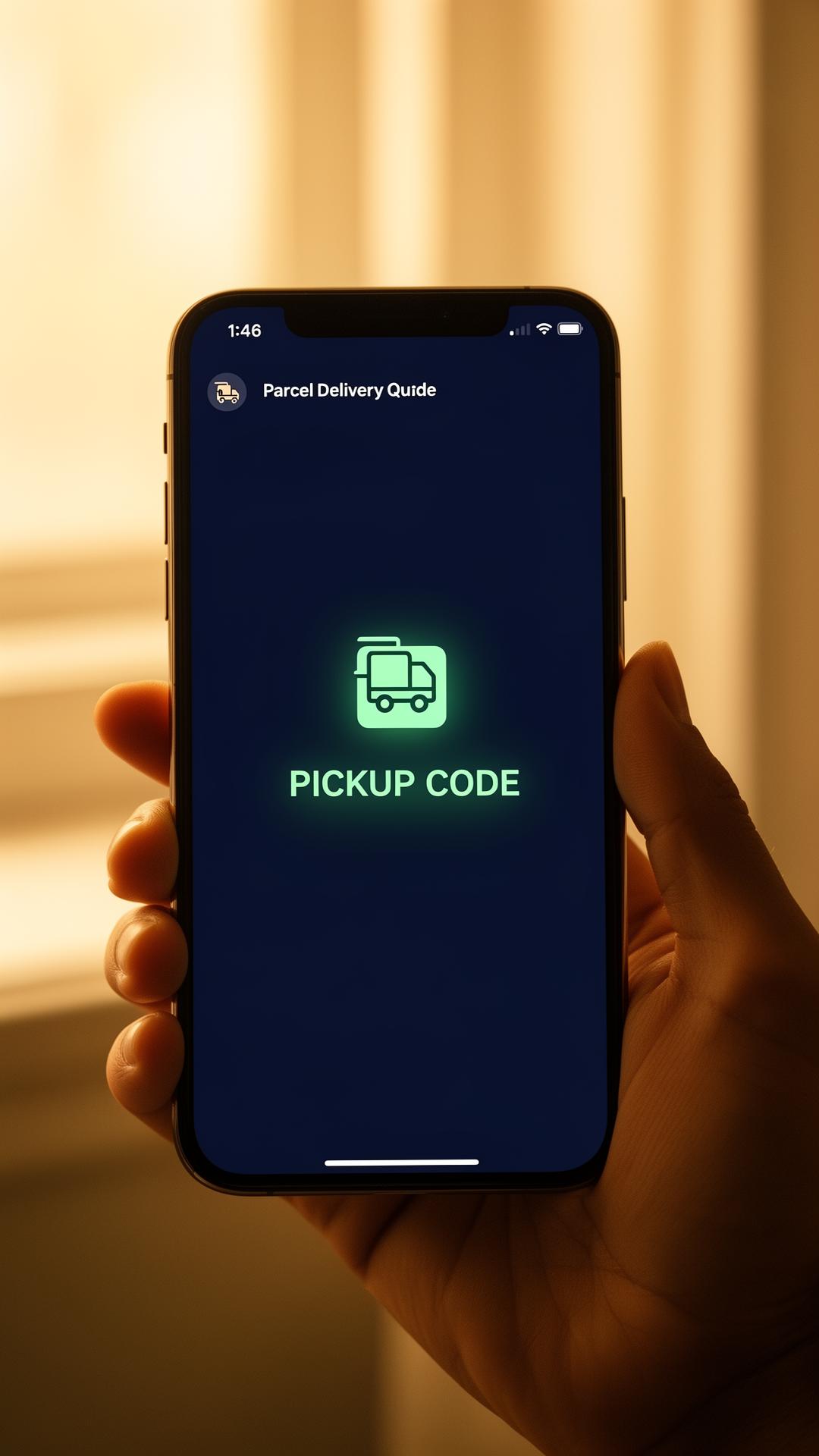 GoDrop app showing a glowing pickup code on a phone held in warm window light