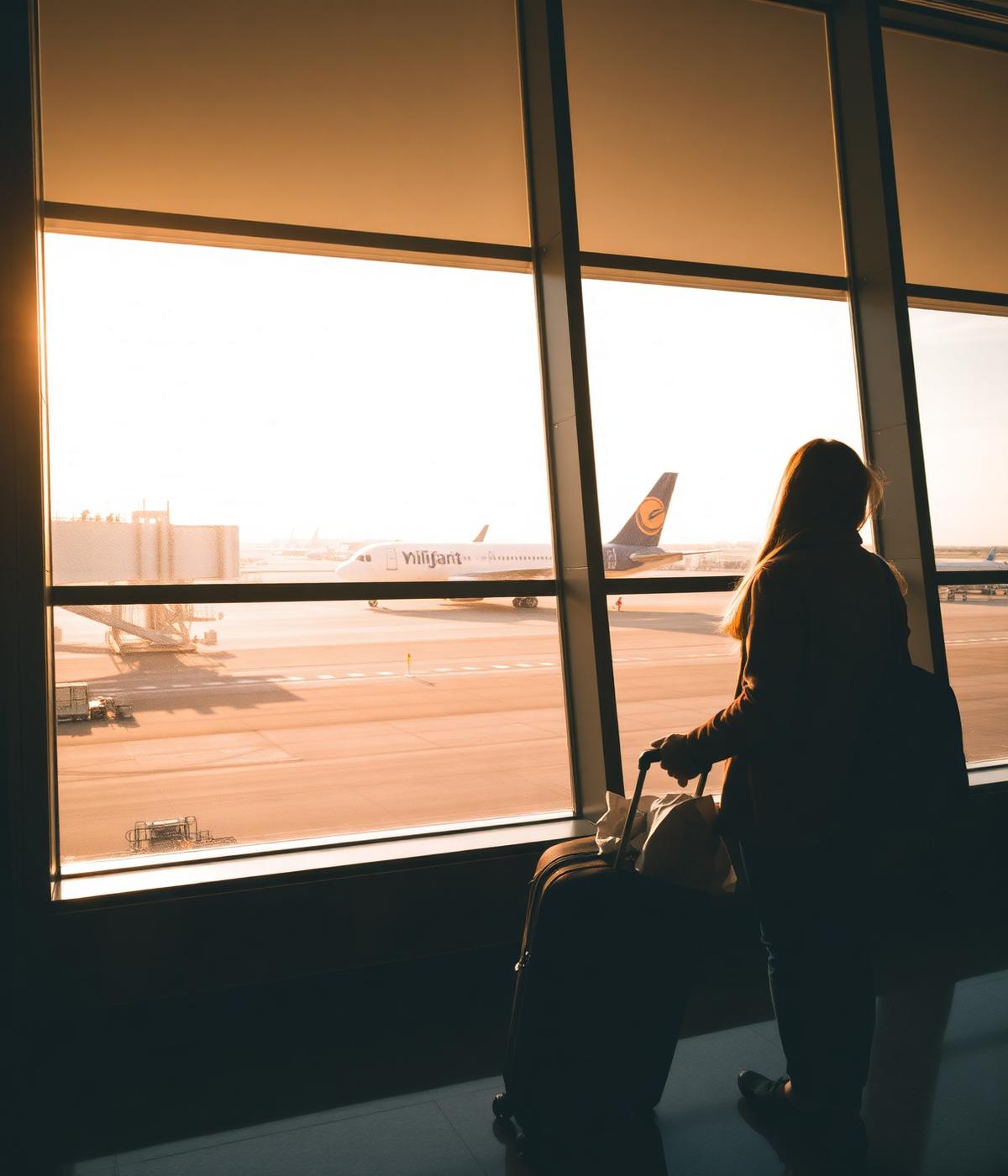 A traveller at an airport gate watching a plane through floor-to-ceiling windows